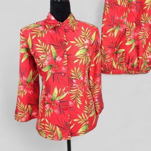 SilkLand 100% Pure Silk Red Floral Pant Suit Size 8
